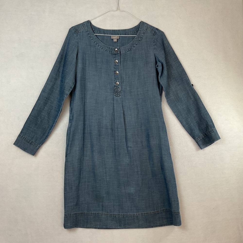 J. Jill Blue Chambray Denim Shift Dress Womens XS Henley Roll Tab Sleeve Pockets